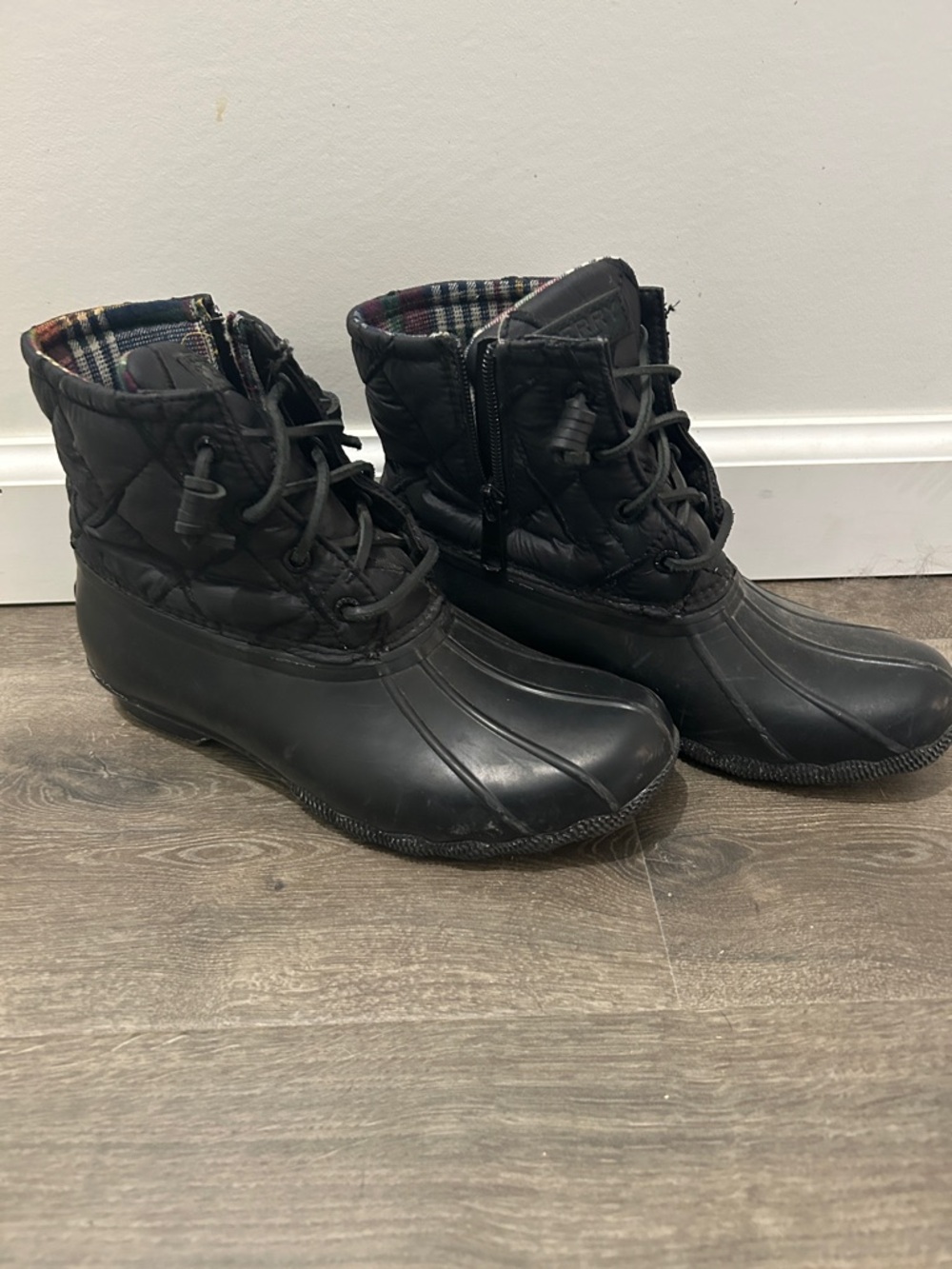 Sperry Black Quilted Duck Boots with Plaid Lining
